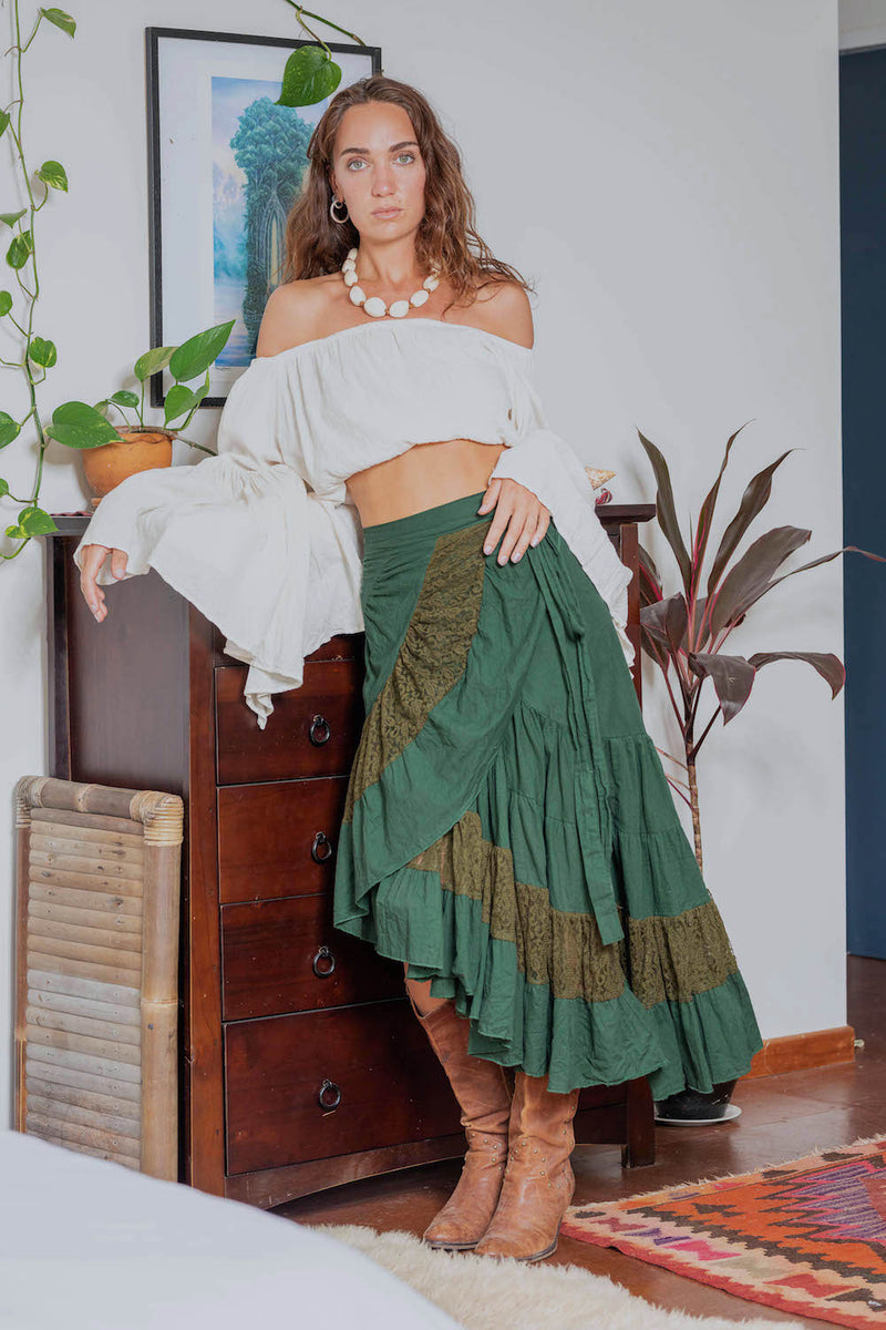 FLAMENCO URBAN GYPSY SKIRT GREEN WITH LACE