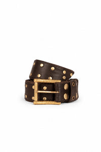 Studded brown leather belt with gold buckle and eyelets around the band