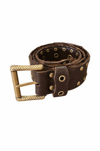 Studded brown leather belt with gold buckle and stitched strap details