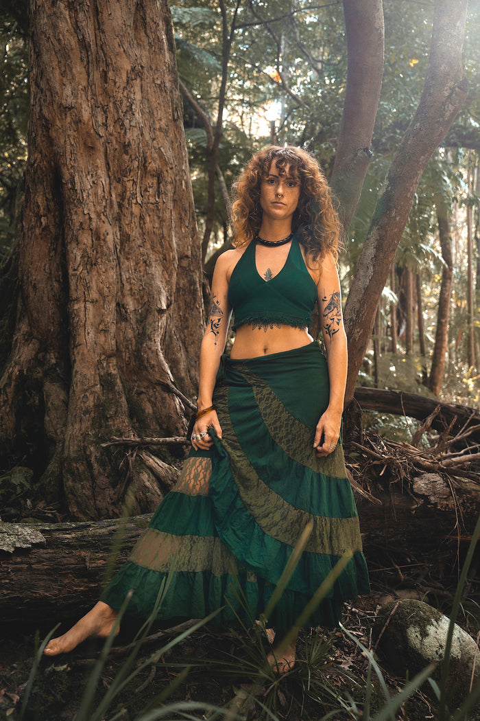 FLAMENCO URBAN GYPSY SKIRT GREEN WITH LACE