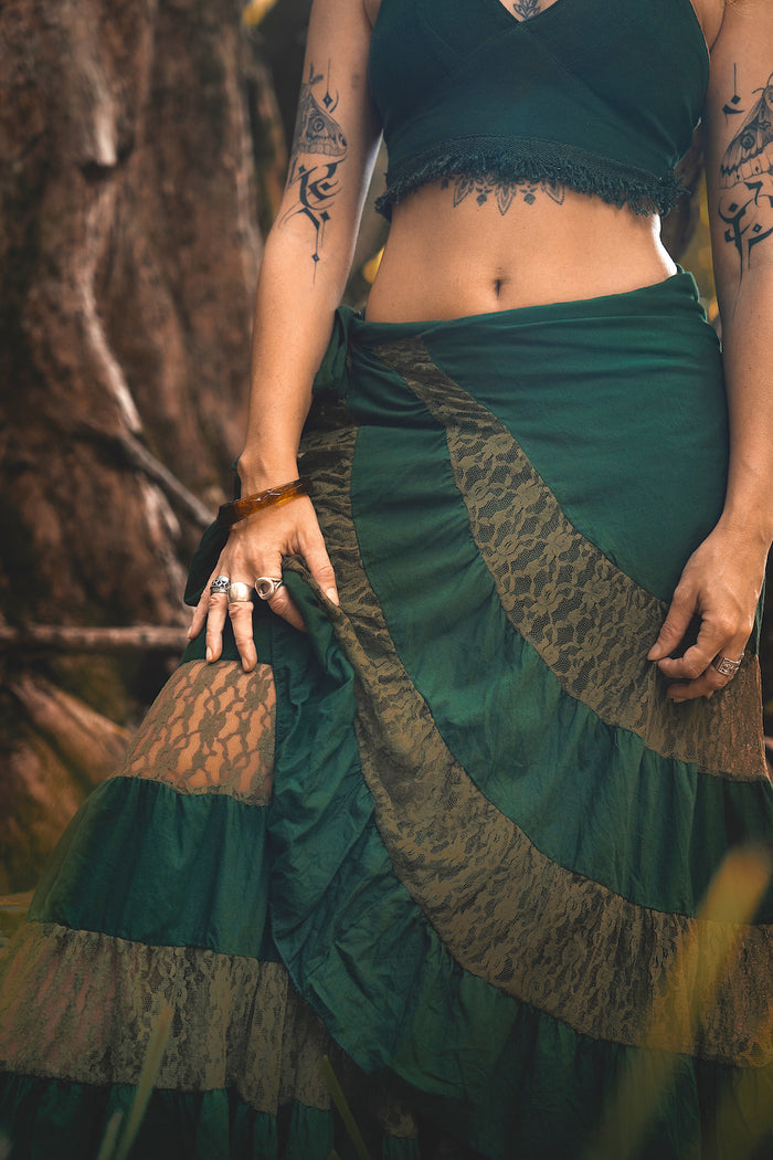 FLAMENCO URBAN GYPSY SKIRT GREEN WITH LACE