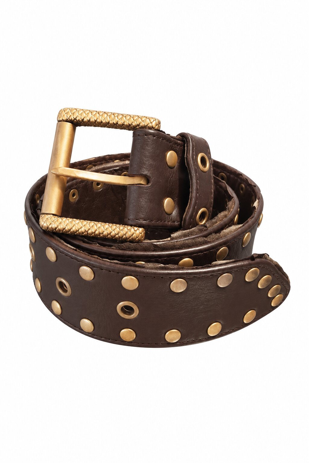 Studded brown leather belt with gold buckle and eyelet holes