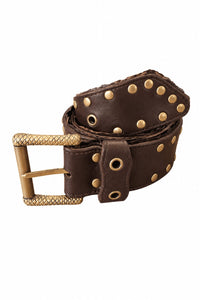 Studded brown leather belt with gold buckle and rivet details on band