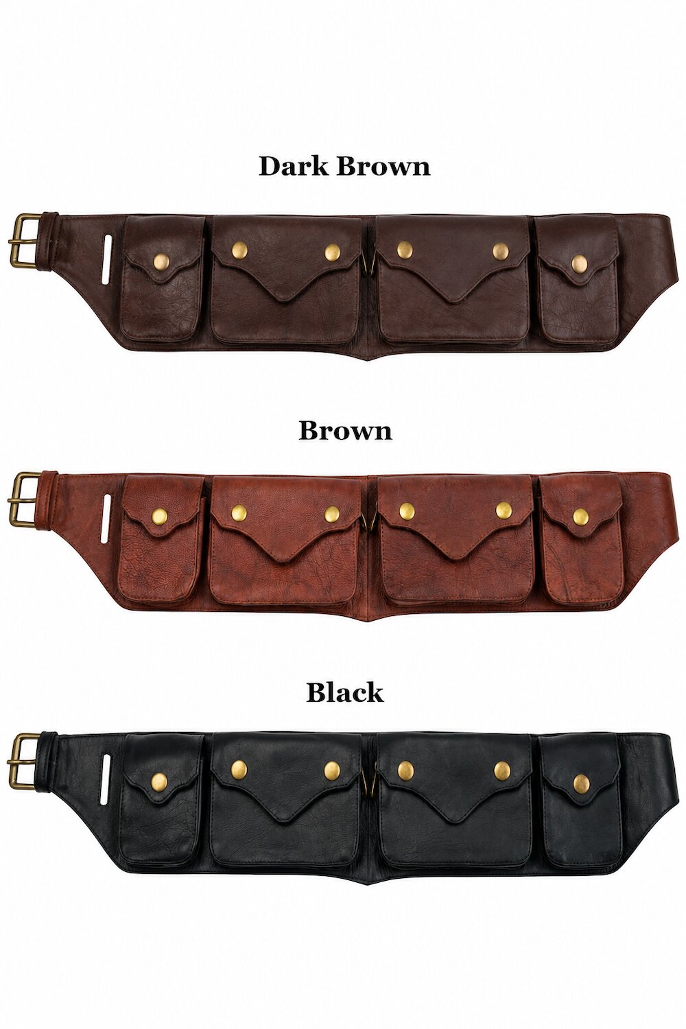 Leather pocket belt with buckle and five front pocket panels, shown in dark brown/brown/black.