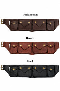 Leather pocket belt with buckle and five front pocket panels, shown in dark brown/brown/black.
