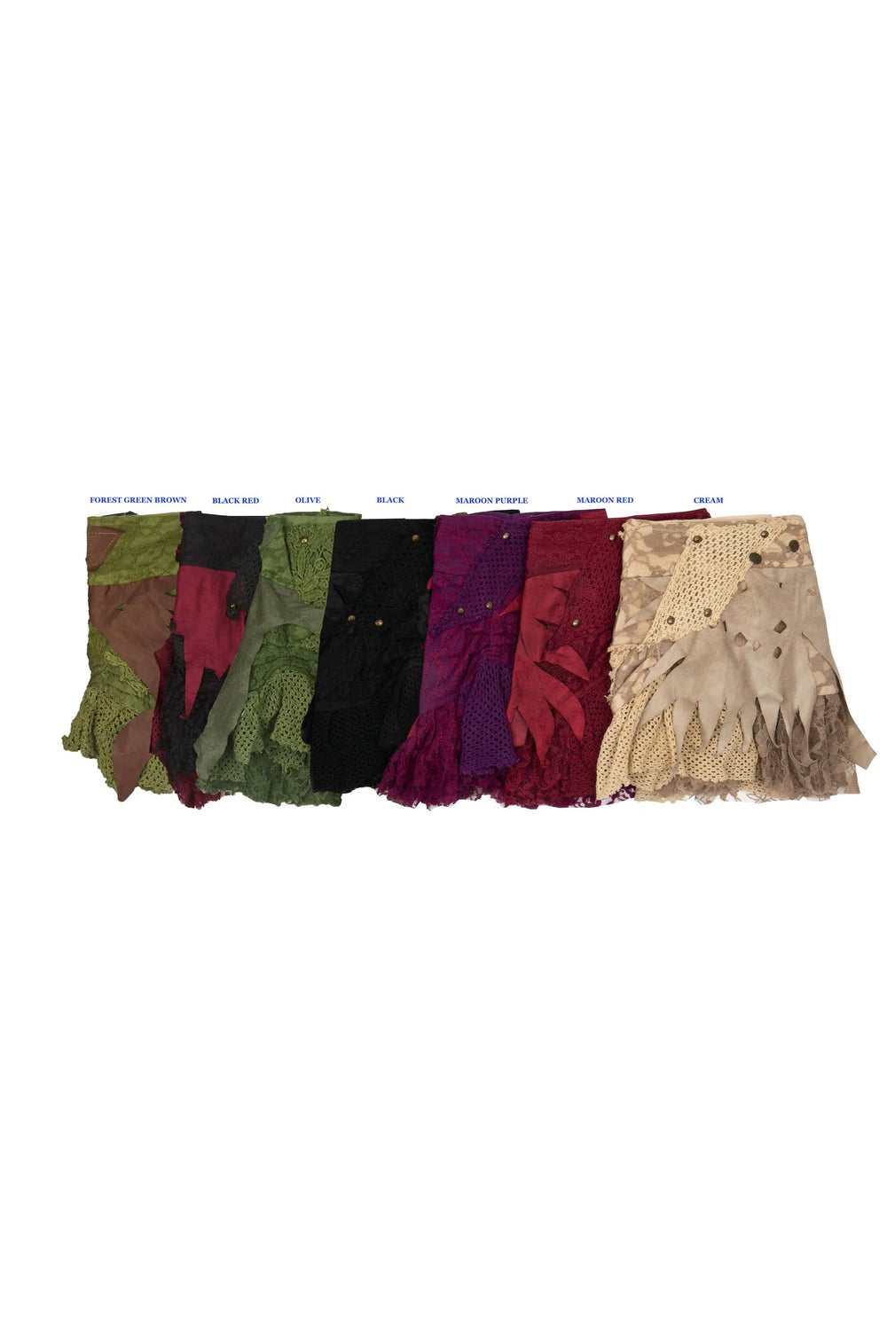 Punk mini skirt assortment with jagged hems in pink, purple, green, and beige