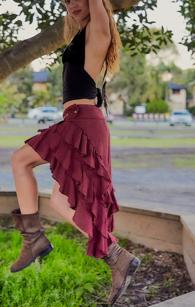 Burgundy ruffle skirt hotsell