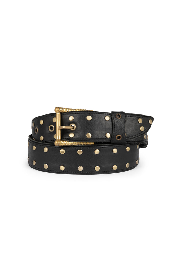 Black leather belt with gold-tone buckle and evenly spaced brass stud details.
