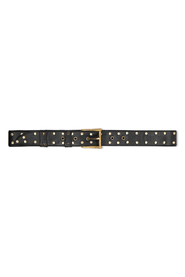 Black studded leather belt laid flat with gold-tone buckle and keeper strap.