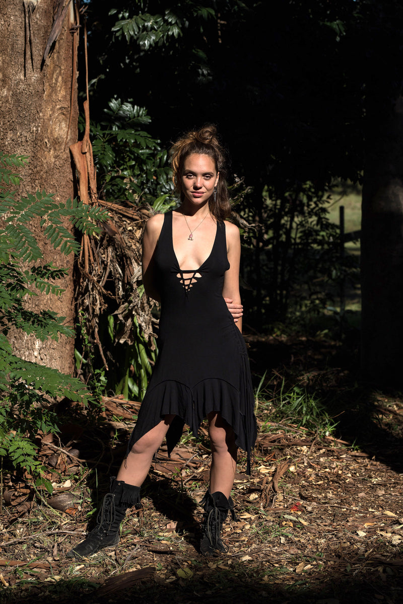 black pixie dress Pixie Halter Drop Waist Dress In Black